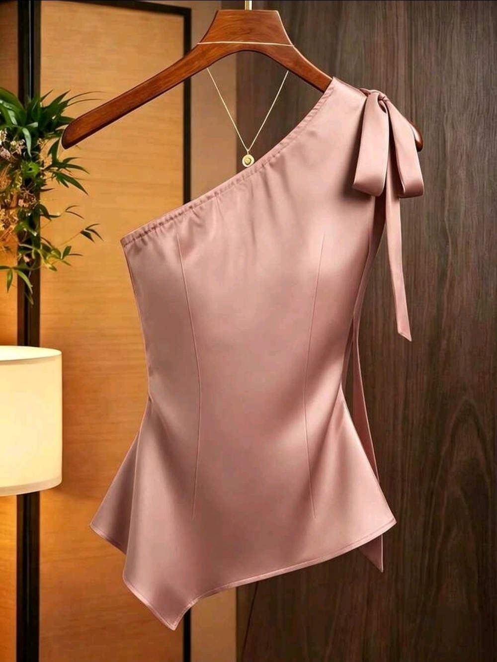 Franclia Satin Shoulder Bow Decor Asymmetrical Ruched Fitted Top - Picture 2 of 4
